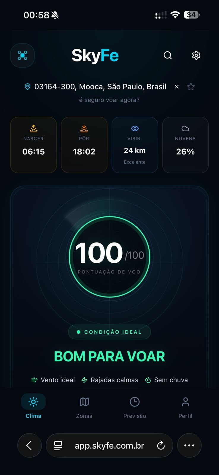 SkyFe — Tela principal com score de voo 100/100, condição ideal